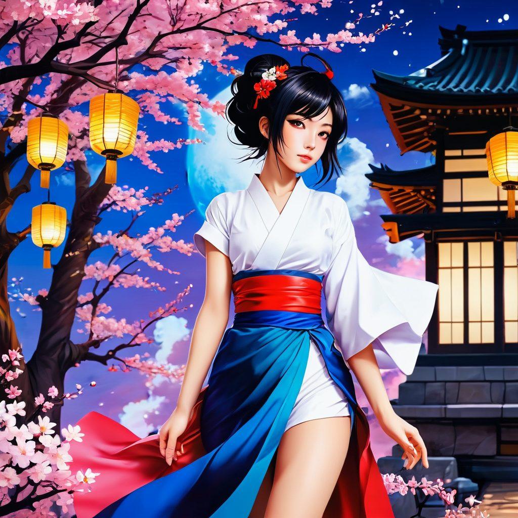 A vibrant, dynamic scene showcasing various anime characters in an artistic, sensual pose, surrounded by elements of both traditional Japanese culture and modern pop art. Include colorful, swirling backgrounds that represent the emotional and cultural themes of love and desire, with subtle nods to iconic anime symbols. The composition should evoke a sense of exploration and intrigue, merging fantasy and reality. digital painting. vibrant colors. 3D.