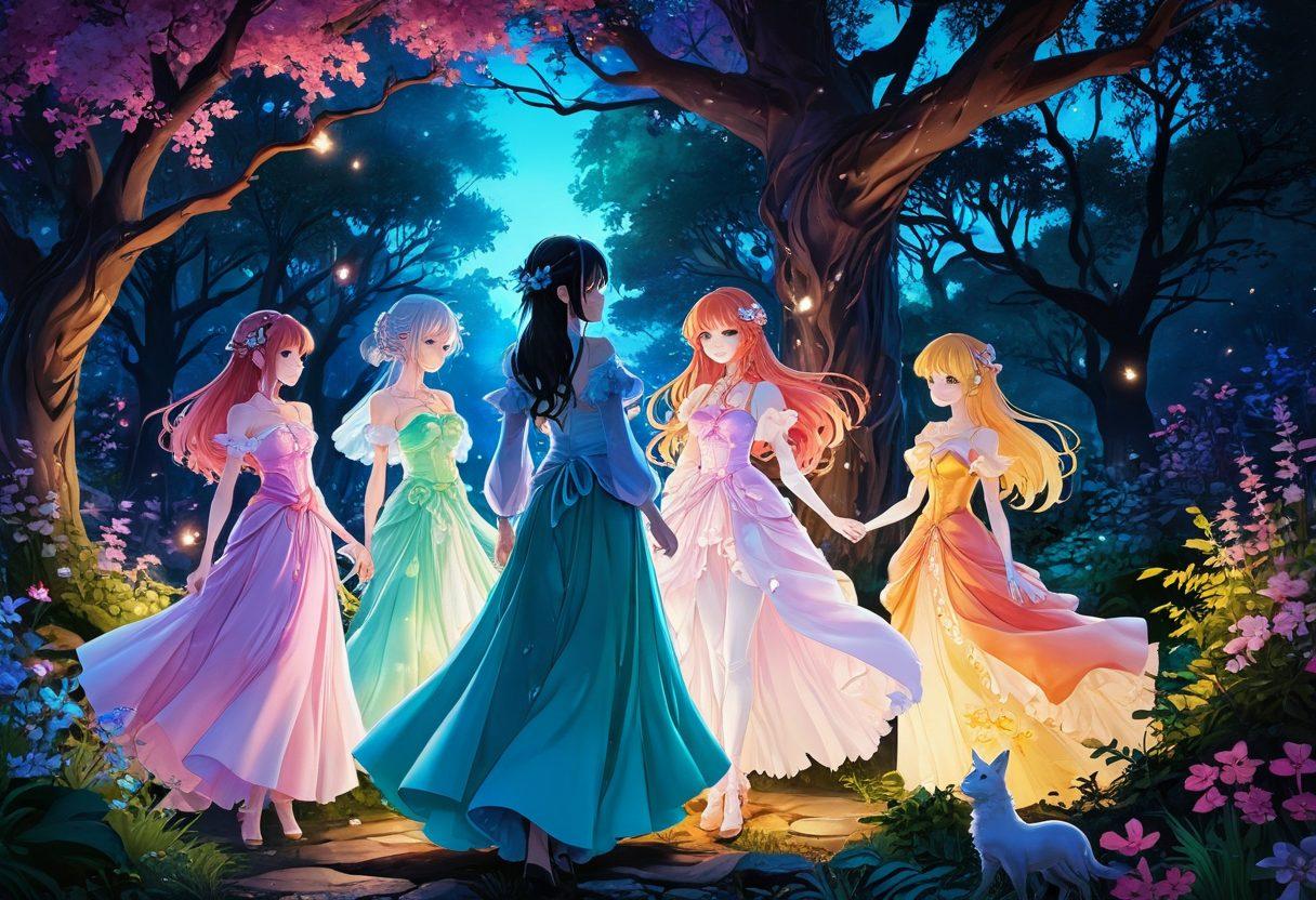 A captivating scene featuring a diverse group of anime characters in a lush, enchanted forest, with soft, flowing lines and vibrant hues that blend fantasy and sensuality. The characters should express a range of emotions, from playful to alluring, wrapped in elaborate, colorful outfits that reflect the erotic undertones of the theme. Include subtle hints of magic and romance, such as glowing flowers and twinkling lights in the background. anime art style. vibrant colors. whimsical fantasy.